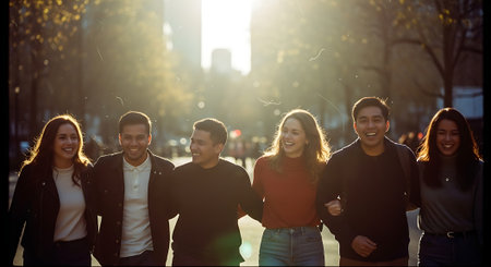 A group of young friends walking together in the city on a sunny dayの素材