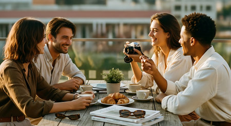 Four friends enjoying a meal and each other's company outdoorsの素材