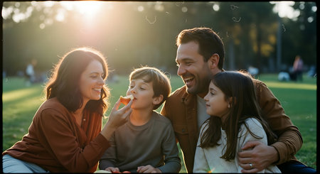 A happy family enjoying a picnic together in a park at sunsetの素材