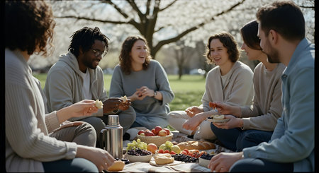 A group of friends enjoying a picnic in a park on a sunny dayの素材