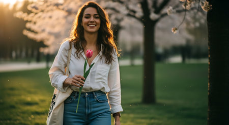 A smiling woman holding a pink tulip in a park during springの素材