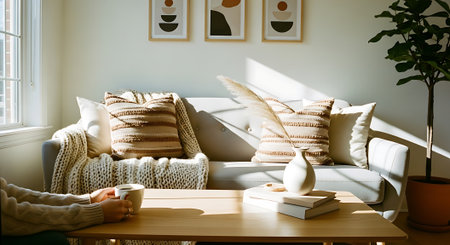 A person relaxing on a cozy couch in a bright living roomの素材