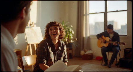 A woman laughing and discussing song lyrics with a man in a bright room while another man plays guitar in the background.の素材
