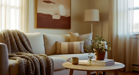 A cozy living room with a comfortable couch and a coffee tableの素材