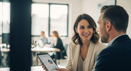 A smiling businesswoman showing a tablet to a colleague in a modern officeの素材