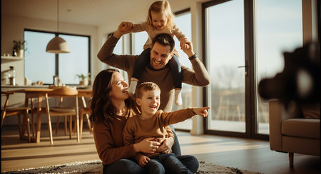 A happy family of four enjoying quality time together in their modern living roomの素材