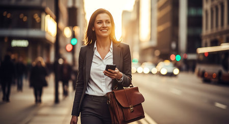 A smiling businesswoman walking down a city street while checking her phoneの素材