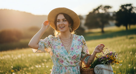 A young woman in a floral dress and straw hat holding a basket of flowers in a serene green field at sunsetの素材