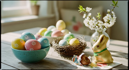 A festive Easter display with decorated eggs and chocolate bunny on a tableの素材