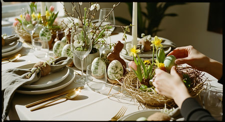 A person decorating an Easter table with flowers and eggsの素材