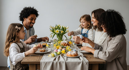 A happy family enjoying a meal together at a dining tableの素材