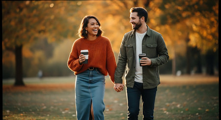 A happy couple walking hand in hand through a park on a crisp autumn dayの素材