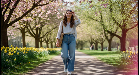 A young woman walking on a park path surrounded by blooming trees and flowersの素材