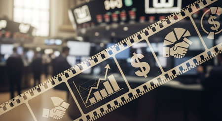 A film strip with business and finance icons in a stock exchange officeの素材