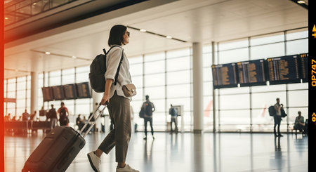 A young traveler walking through a modern airport terminal with luggageの素材