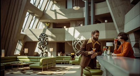 A man and woman enjoying drinks at a modern hotel bar with a large interior spaceの素材