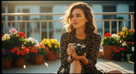 A young woman sitting on a balcony with a camera and flowersの素材