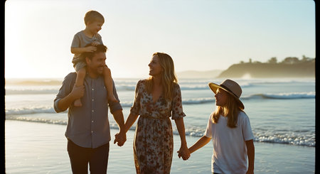 A happy family of four walking together on a beautiful beach at sunsetの素材