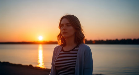 A young woman stands by the water during a serene sunsetの素材