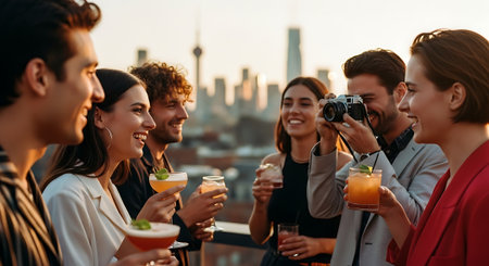 A group of friends enjoying cocktails on a rooftop with a city skyline viewの素材