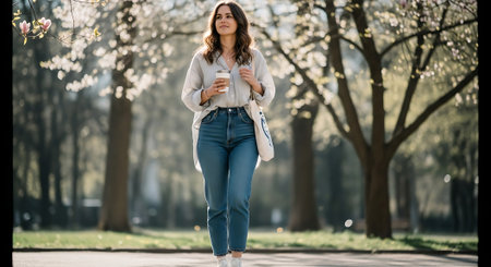 A young woman walking in a park on a sunny day with coffeeの素材