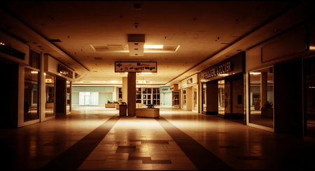 An empty and dimly lit shopping mall corridor at nightの素材
