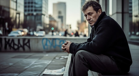A man sits alone on a city sidewalk, looking worried and stressed.の素材