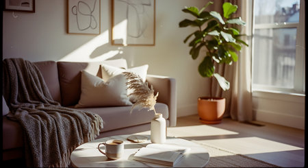 A cozy living room with a comfortable couch and a large windowの素材