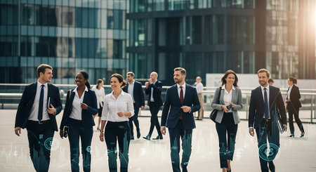 A group of business professionals walking together in a modern urban settingの素材