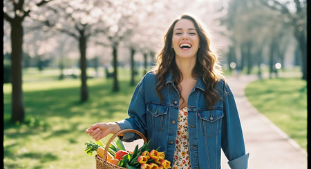 A happy woman carrying a basket of flowers and vegetables in a parkの素材