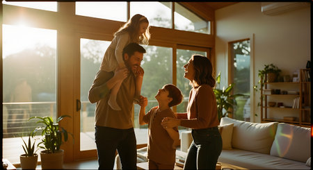 A happy family of four enjoying quality time together in their modern living roomの素材