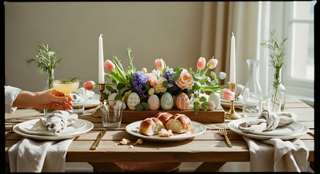 A beautifully set Easter table with flowers and eggs in a bright roomの素材
