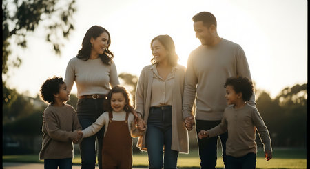 A multi-generational family walking hand in hand in a park at sunsetの素材