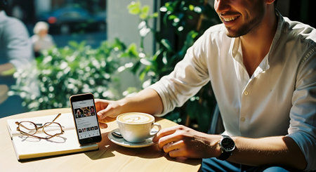 A smiling man sitting at a table with a cup of coffee and a smartphoneの素材