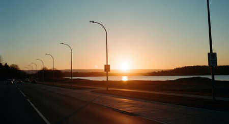 A serene sunset scene with a road and streetlights by the waterの素材