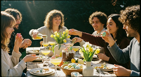 A group of friends enjoying a festive Easter dinner outdoors togetherの素材