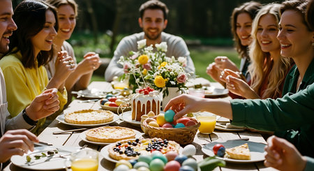A group of friends and family enjoying a festive Easter meal outdoorsの素材