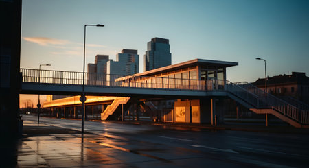 A city street with a modern pedestrian bridge at sunsetの素材