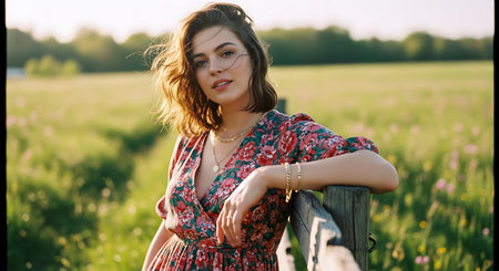 A young woman in a floral dress posing in a serene green fieldの素材