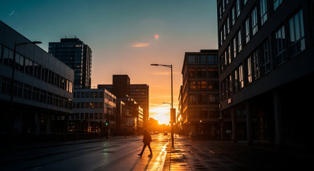 A person walking across a city street at sunset with modern buildingsの素材