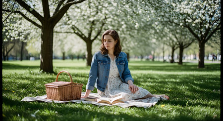 A young woman enjoying a picnic in a park on a sunny dayの素材