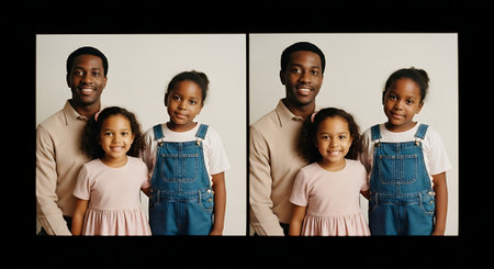 A happy African American family of four posing together in a studioの素材