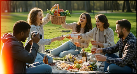 A group of friends enjoying a picnic in a park on a sunny dayの素材