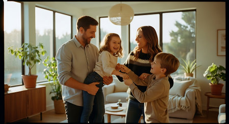 A happy family of four enjoying quality time together in their modern living roomの素材