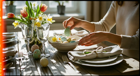A woman decorates Easter eggs at a beautifully set table with flowersの素材