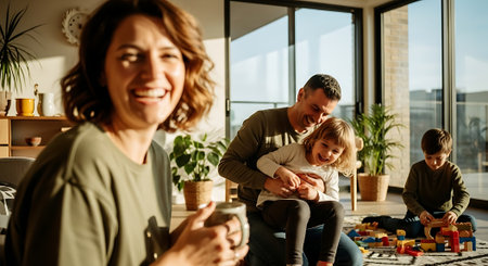 A happy family spends quality time together in their modern living roomの素材