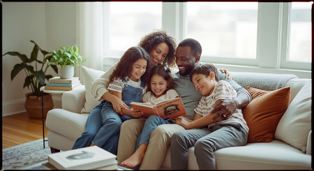 A happy family of five sitting together on a couch reading booksの素材