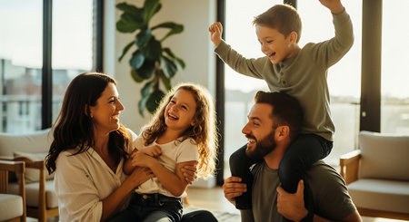 A happy family of four enjoying quality time together indoorsの素材