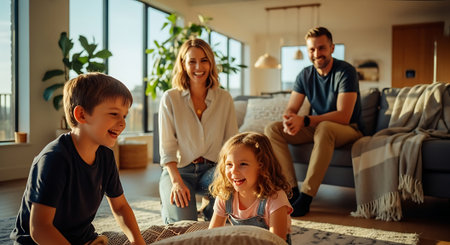 A happy family playing together on the floor in their living roomの素材