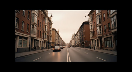 A car drives down a quiet city street lined with old brick buildingsの素材